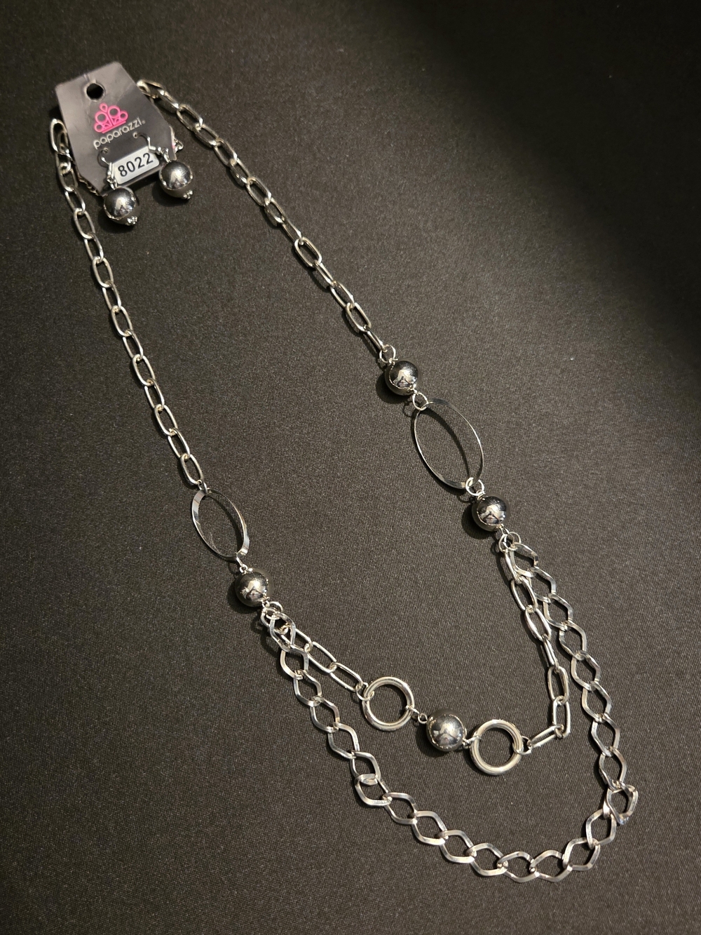 Paparazzi Silver Layered Link 34" Necklace & Earrings with Bead Accents NWT